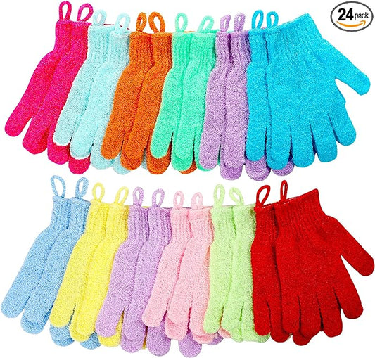 Shower Gloves,24 Pcs Exfoliating Bath Gloves,Body Scrub Gloves with Hanging Loop for Beauty Spa Massage Skin Shower Body Scrubber-12 Colors