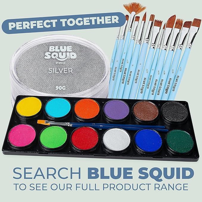 Blue Squid PRO Face Paint - Professional Water Based Single Cake Facepaint & Body Paints - SFX Makeup, Kids Adults Face Painting for Costume, Halloween, Cosplay - Metallic Silver 90g / 3oz