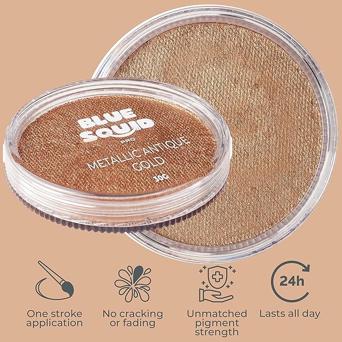Blue Squid Face Paint Water Based Single Cake Professional Face Paint & Body Paint - Water Activated, Kids Adults Face Painting for Costume, Halloween Makeup - Metallic Antique Gold Face Paint 30g