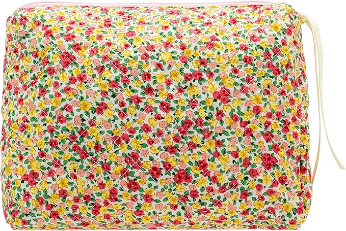 PAZIMIIK Quilted Makeup Bag Large Travel Zipper Soft Cosmetic Pouch for Women Girls Make Up,Little Flower