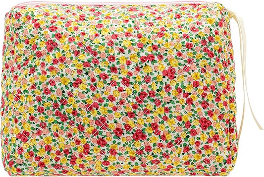 PAZIMIIK Quilted Makeup Bag Large Travel Zipper Soft Cosmetic Pouch for Women Girls Make Up,Little Flower